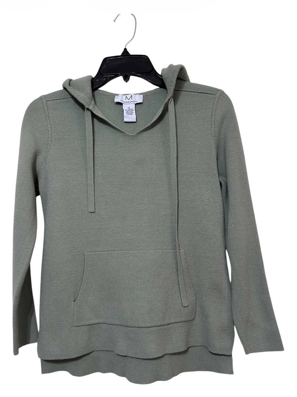 Magaschoni Women Extra Small Sage Green Knit Hoodie Sweater Kangaroo Pocket Side